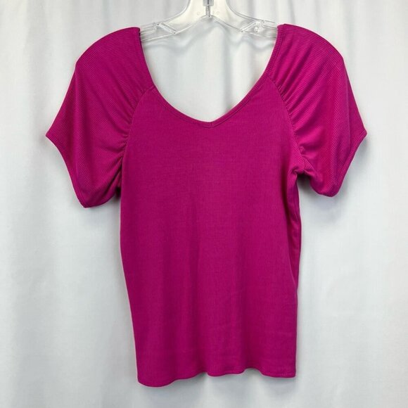 Bke Core Womens Crop Top Pink Short Sleeve Puff V Neck Stretch Ribbed S - Picture 3 of 9